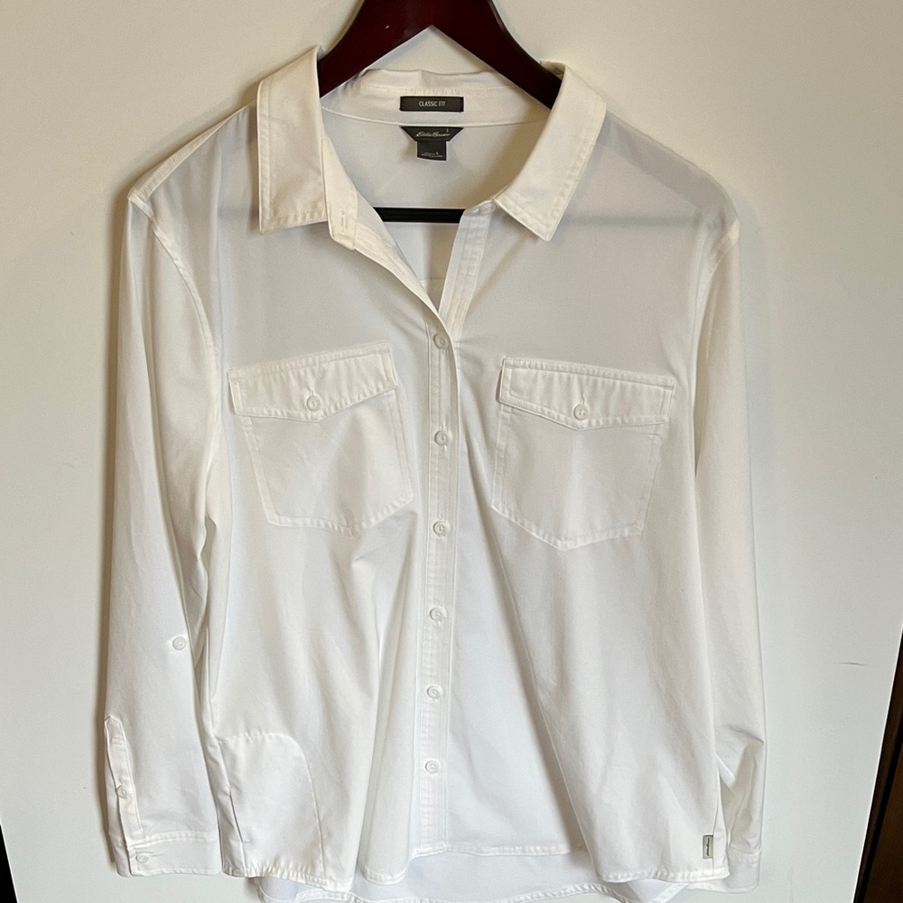 Large white Eddie Bauer women’s LS departure button down shirt